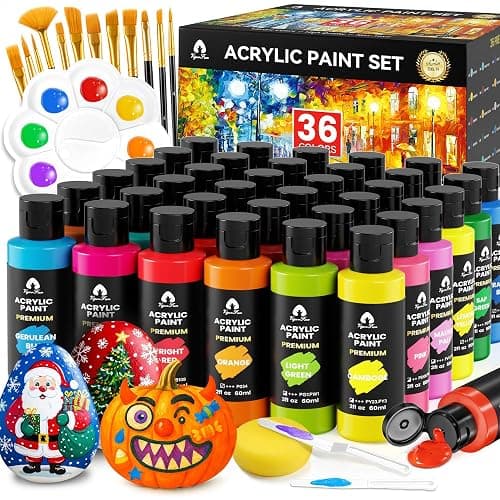 52 Pcs Acrylic Paint Set - 36 Colors (2oz/60ml) with 12 Brushes, 2 Knives & Palette - Rich Pigments for Adults, Kids, Artists & Beginners - Painting on Halloween Pumpkin Canvas Ceramic Rock Wood - Image 1