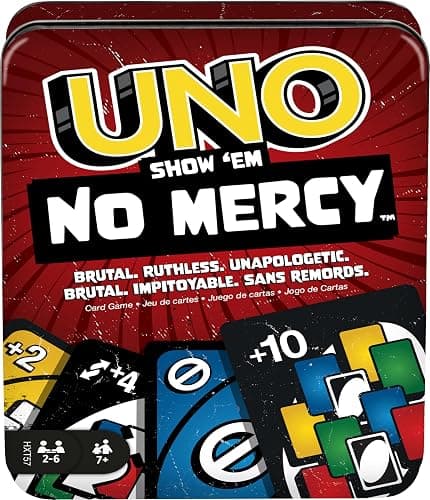 Mattel Games UNO Show ‘em No Mercy Card Game in Storage Tin,Ages 7+ | Extra Cards, Special Rules & Tougher Penalties for Kids, Teens & Family Game Night, 2-6 Players (Amazon Exclusive) - Image 1
