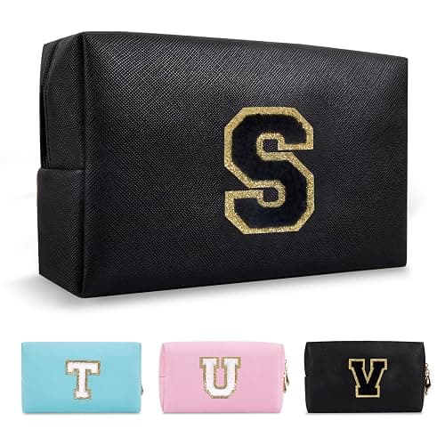 Personalized Initial A-Z Preppy Patch Makeup Bag,Small PU Chenille Letter Cosmetic Bag with Zipper for Teen Girls,Black Cute Toiletry Organizer Bag,Monogram Makeup Case Gift for Women Girls,Letter S - Image 1