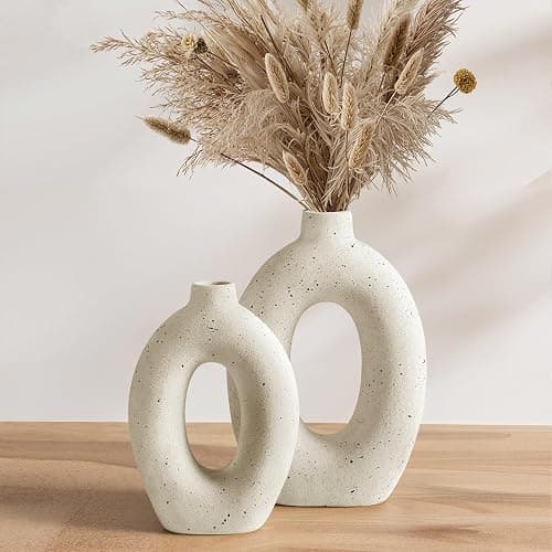 LE TAUCI Ceramic Vases Set of 2, Cream Hollow Donut Flower Vases, Nordic Boho Decor Decorative Centerpiece for Living Room, Table, Shelf, Mantel, Warm Ivory Speckled (H10.5”xW8.5”) - Image 1
