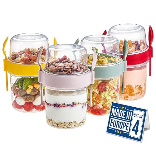Crystalia 4 Pack 22 oz On The Go Yogurt Parfait Cups with Lids & Spoon, Large Breakfast Plastic Bowls with Topping Cereal Oatmeal Salad or Fruit Container for Snack Box - Image 1