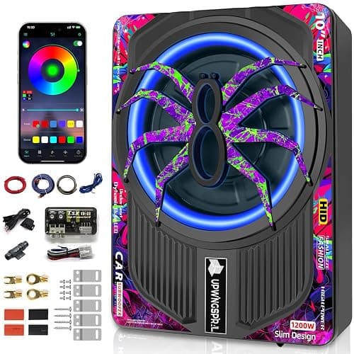 UPWINGSPIRAL 1200W 10" Car Subwoofer, Slim Under Seat Powered Subwoofer and Amp Package with RGB Light, Individual Control for Low Pass/Gain/Boost Bass, Deep Bass Perfect for Truck/SUV/Jeep/MPV - Image 1