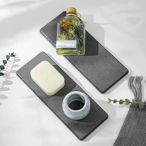 Razborci 2PCS Bathroom Trays, Water Absorbing Diatomite Stone Quick Drying Mat for Kitchen Counter, Dish Rack Soap Dispenser Sponge Holder Caddy Sink Vanity Organizer, Dark Gray Slate,9"x3.5" - Image 1