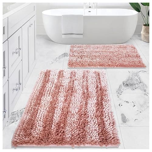Civkor Bathroom Rugs Mats Set 2 Piece Pink Butter Chenille, Cute Bath Mat Rug Shiny Noodle with Non Slip Backing, Super Water Absorbent Machine Washable 31x20 and 24x16 Inch - Image 1