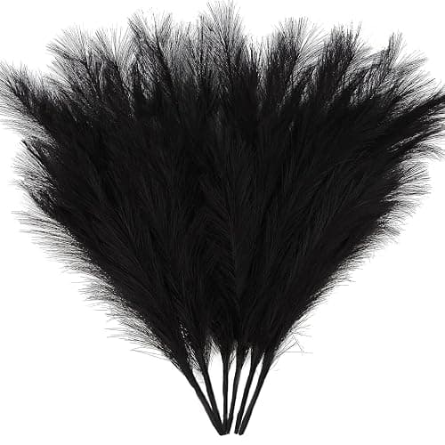 ZIFTY 6-Pcs 17" Black Pampas Grass Faux Pompas Fluffy Artificial Fake Flower Gothic Decorations for Black Bathroom Decor Vase Filler Ins Style Modern Home Decor Halloween (Black) - Image 1