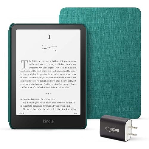 Kindle Paperwhite Essentials Bundle including All-new Kindle Paperwhite (16GB) - Jade, Fabric Cover - Jade, and Power Adapter - Image 1