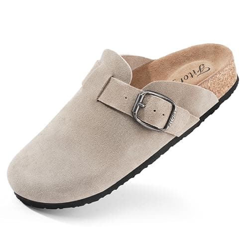 FITORY Womens Clogs Slip-on Potato Shoes Leather Mules Suede Cork Footbed | Comfortable Adjustable Buckles Non-Slip Outsole Casual for Fall Outdoor Walking - Image 1