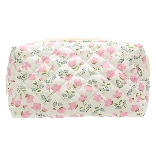 PAZIMIIK Vintage Quilted Makeup Bag Cosmetic Pouch for Brushes Pencils and Travel Make Up Accessories for Women and Girls Flower White - Image 1