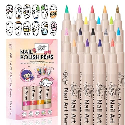 GELLAKTIK 18 Colors Nail Art Pens Set, 3D Nail Polish Pens Quick-Drying Acrylic Paint Markers, Dotting Liner Brush for DIY Nail Design, Home & Salon Manicure Tools - Image 1
