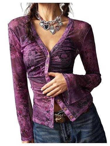 RoseSeek Women's Boho Paisley Button Down T Shirt V Neck Vintage Y2K Long Sleeve Fitted Fall Tee Tops - Image 1