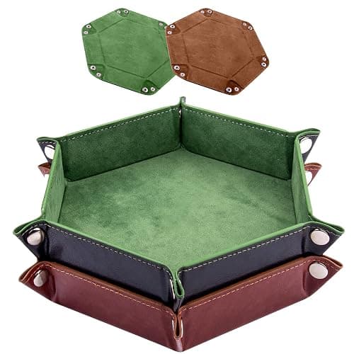 SIQUK 2 Pieces Dice Trays Hexagonal Dice Folding Tray PU Leather Velvet Holder for Table Games RPG DND (Green and Camel) - Image 1