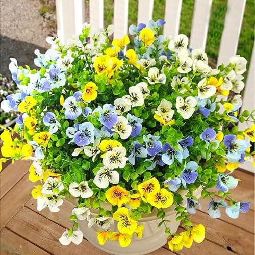 Mutcolor Pansies Artificial Flowers for Outdoors 12 Bundles Fake Silk Pansy Faux Plastic Plants UV Resistant for Home Outside Garden Planter Front Door Porch Yard Patio Decor (Blueyellowwhite) - Image 1