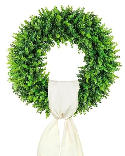 DDHS 20'' Boxwood Wreaths Front Door Artificial Spring Wreath. Wreaths for Front Door Farmhouse Wedding Green Year Round Indoor Outdoor for Summer Wreath St Patricks Day Decorations -(Hello Sign) - Image 1