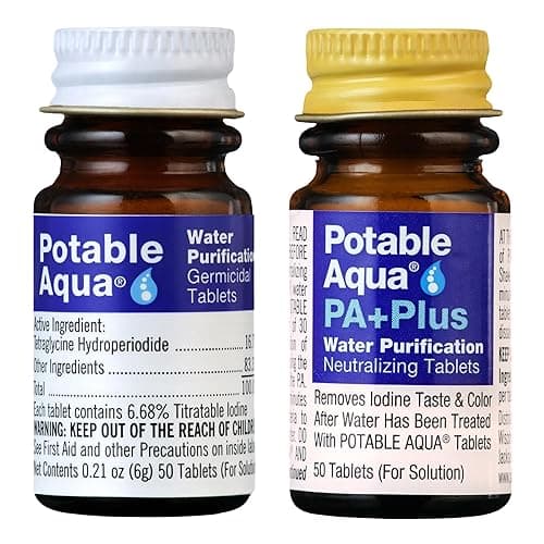 Potable Aqua Water Purification Tablets with PA Plus, Portable and Effective Solution for Camping, Hiking, Emergencies, Natural Disasters and International Travel, Two 50ct Bottles - Image 1