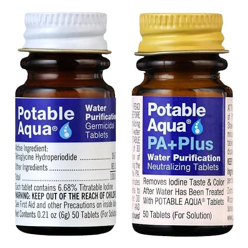 Potable Aqua Water Purification Tablets with PA Plus, Portable and Effective Solution for Camping, Hiking, Emergencies, Natural Disasters and International Travel, Two 50ct Bottles - Image 1