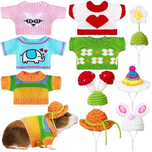 Clysee 10 Pcs Guinea Pig Clothes, 5 Guinea Pig Costume Outfit, 5 Mini Hat with Adjustable Strap Small Animal Warm Vest Sweater Cozy Hand Knitted Hat for Hamster Bunny(Cute Style,XXS) - Image 1