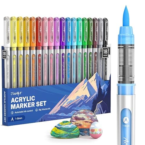 JusArt Acrylic Paint Markers Brush Tip 18 Colors, Water-Based No-Bleed Markers with Automatic Ink Control, Waterproof Acrylic Paint Pens for DIY Art & Crafts -Fabric, Wood, Rock, Ceramic, Metal - Image 1