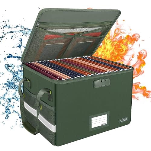 ENGPOW File Box with Lock, Fireproof Document Box with Zipper Lid, Collapsible File Storage Organizer Filing Cabinet with Handle, Portable Home Office Safe for Hanging Letter/Legal Folders, Green - Image 1