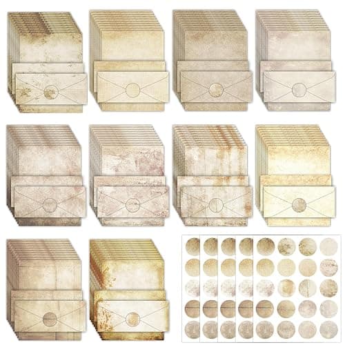 EggSun 250Pcs Vintage Kraft Stationery Paper and Envelope Set with 100 Letterhead Papers and 50 Envelopes, 10 Design for Letter Writing Invitations Computer Holidays Party Notes, 8.5x11 Inch-Retro - Image 1
