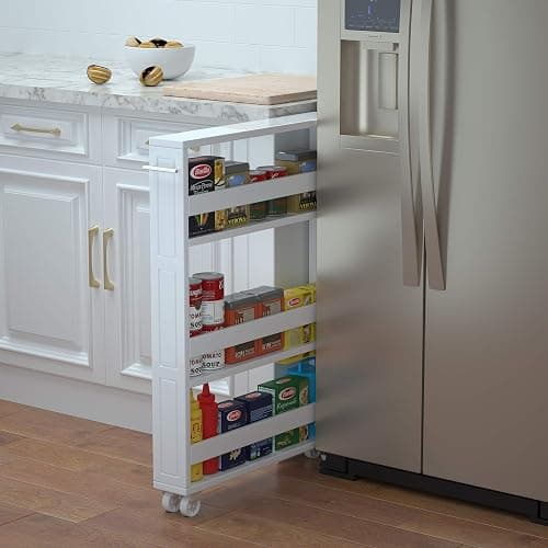 MUSEHOMEINC Compact Space Kitchen Pantry,4-Tier Kitchen Removable Storage Cart, Slim Slide Out Rolling Pantry Shelf for Narrow Spaces(White) - Image 1