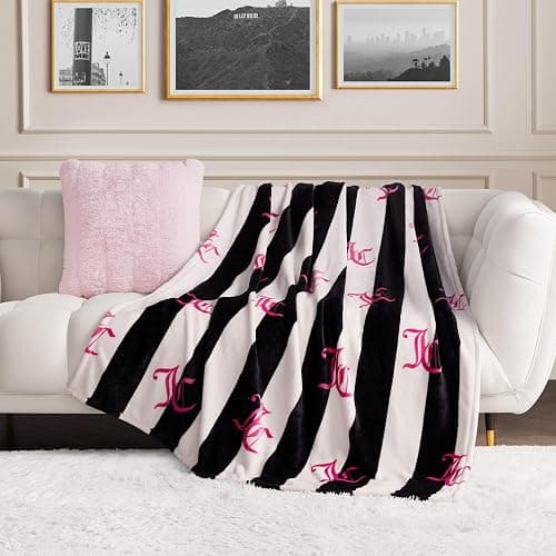 Juicy Couture Cabana Plush Black Striped 66"X90" Fuzzy Twin/Twin XL Bed Blanket - Luxurious Microfiber Plush Blanket for Ultimate Comfort and Cozy Warmth - Image 1