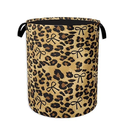 Brow Leopard Laundry Basket,Black Bow Clothes Hamper,Oxford Cloth Collapsible Nursery Hamper Storage Organization for Bedroom,Bathroom,Office,College Dorms,16x20 Inch - Image 1