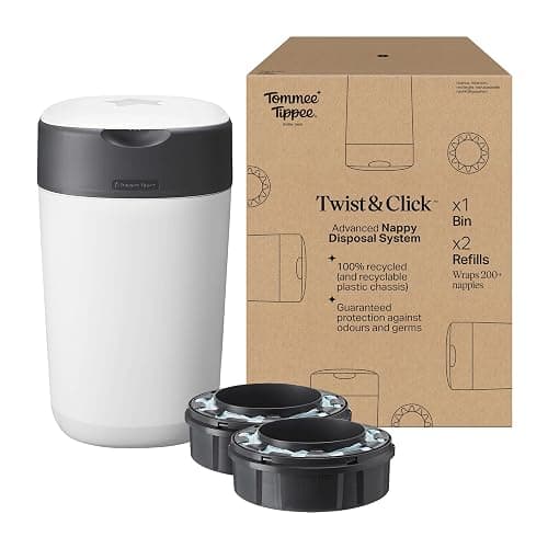 Tommee Tippee Twist and Click Advanced Nappy Bin, Exclusive Pack including 2x Refill Cassettes, Guaranteed Odour and Germ Protection, Large Capacity (pack may vary) - Image 1