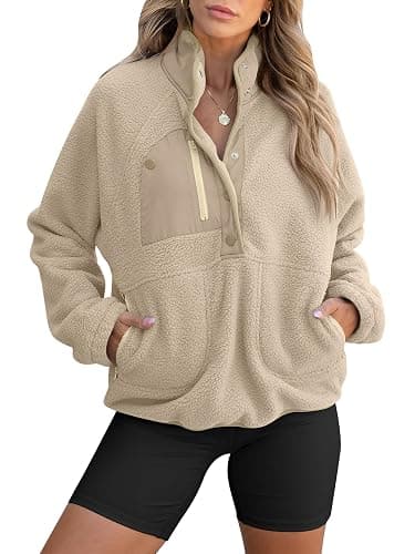 ANRABESS Women Fuzzy Fleece Pullover Sherpa Sweatshirt Long Sleeve Button Down Warm Soft Color Block Jackets with Pockets - Image 1