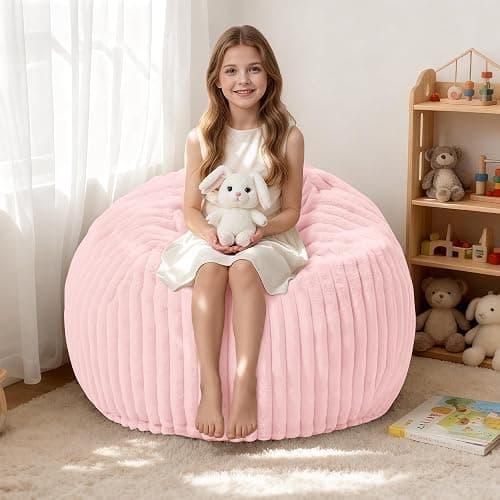 HABUTWAY 2FT Bean Bag Chair, 2' Bean Bag Chairs with Memory Foam Filled, Small Comfy Beanbag Chair with Stripe Plush Cover for Living Room Bedroom Dorm,Tender Pink - Image 1