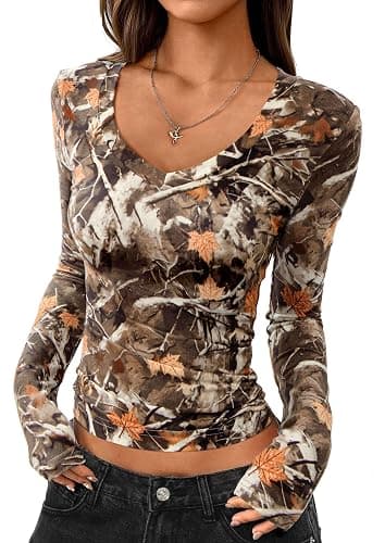 PRETTYGARDEN Womens Long Sleeve T Shirts 2025 Fall Trendy Deep V Neck Slim Fit Basic Crop Tops Casual Going Out Top - Image 1