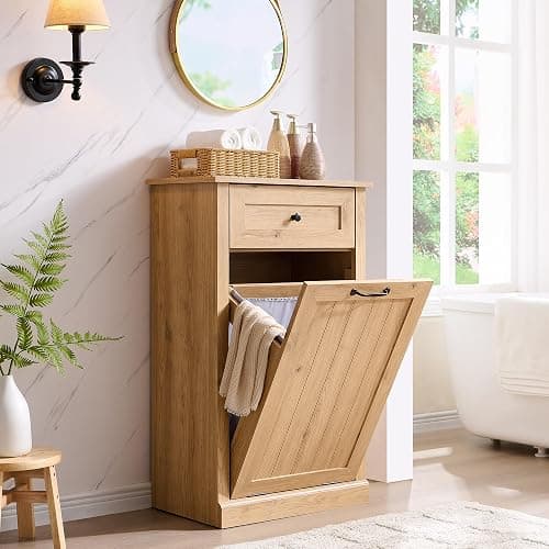 IFBUY Tilt Out Laundry Hamper Cabinet, Trash Can Cabinet, Natural | 10 Gallon Farmhouse Trash Cabinet w/Drawer, Hidden Wood Garbage Can Cabinet w/Laundry Storage Basket for Bathroom, Kitchen - Image 1