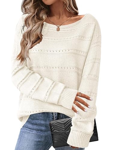 Zeagoo Womens Sweaters Cute Long Sleeve Off The Shoulder Pullover Tops Hollow Out Crochet Dressy Casual Outfits - Image 1
