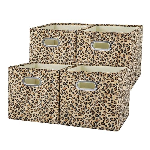 ANMINY Leopard Cheetah Print Storage Cubes Bins, Velvet, Brown, 11Inch 4PCS | Collapsible & Washable, PP Board Frame, Built-in Metal Handles, Animal Themed Fabric Cubes Baskets for Closet Shelves Decor - Image 1