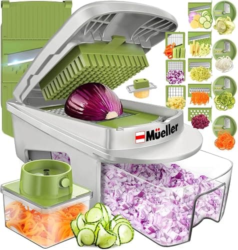 Mueller Pro-Series All-in-One, 12 Blade Mandoline Slicer for Kitchen, Food Chopper, Vegetable Slicer and Spiralizer, Cutter, Dicer, Grater, Kitchen Gadgets Sets with Container, White Sand/Pastel Green - Image 1