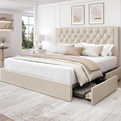 LARMACE King Size Platform Bed Frame with 4 Storage Drawers and Headboard Linen Upholstered Bed Frame Tufted Beds with Wood Slats Support, Easy Assembly, Noise-Free, Beige - King - Beige - Image 1
