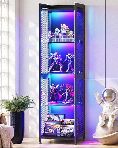 AODK Display Case with LED Lights, Display Cabinet with Open Glass Shelves for Small Space, 4-Tier Corner Display Shelf with Industrial Mesh, Curio Cabinet for Collectibles, Bookcase - Image 1
