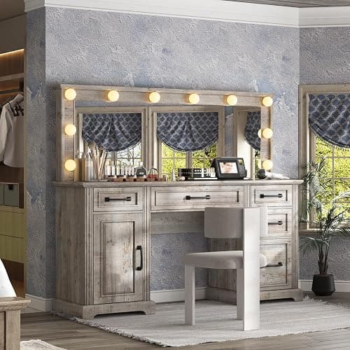 AMERLIFE 55" W Makeup Vanity with Hollywood Mirror, Glass Top Vanity with 5 Drawers & Charging Station, 10 Detachable Light Bulbs, Adjustable Brightness, Light Oak - Image 1