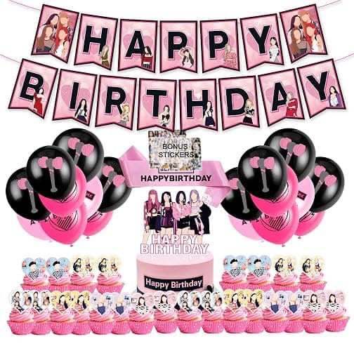 KPOP Black Pink Girl Group Birthday Party Kit Supplies with Cake Topper, Balloons, Banner, Cupcake Toppers & Birthday Sash – Easy Setup Party Supplies for Girls, Teens & Adults - Image 1