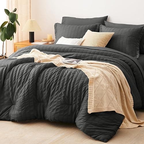 CozyLux Full Size Comforter Sets with Sheets Seersucker 7 Pieces Dark Grey Bed in a Bag Textured Luxury Soft Bedding Set with Down Alternative Comforter, Sheets, Pillowcases & Shams for All Seasons - Image 1