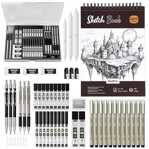 Nicpro 52PCS Art Drawing Supplies Kit, Metal Mechanical Pencil Set 0.5, 0.7, 0.9 & 2mm, 9x12 Sketch Book, 12 Fineliner Pens, 20 Tubes Leads, School Supplies Drawing Kit for Artist Adults Sketching - Image 1