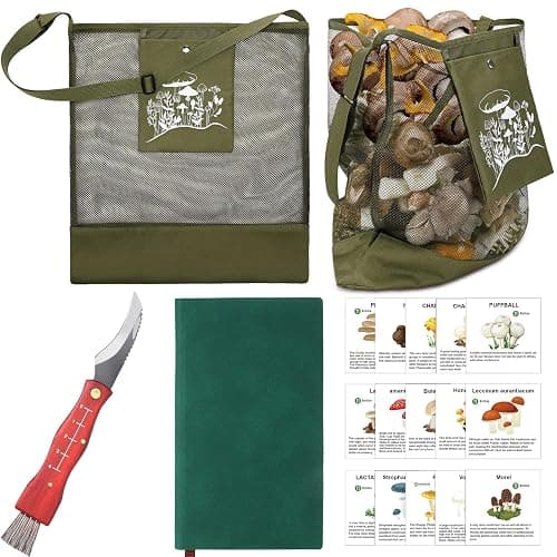 Seajan 18 Pcs Mushroom Foraging Kit with Hunting Bag, Knife Brush Guide Cards and Notebook for Mushroom Lovers(Army Green) - Image 1