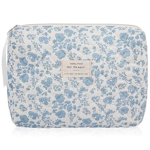 Floral Makeup Bag, Large Cosmetic Bag for Women Girls, Cute Cotton Make up Pouch, Quilted Makeup Bags, Flower Travel Toiletry Organizer Bag(Blue Floral) - Image 1