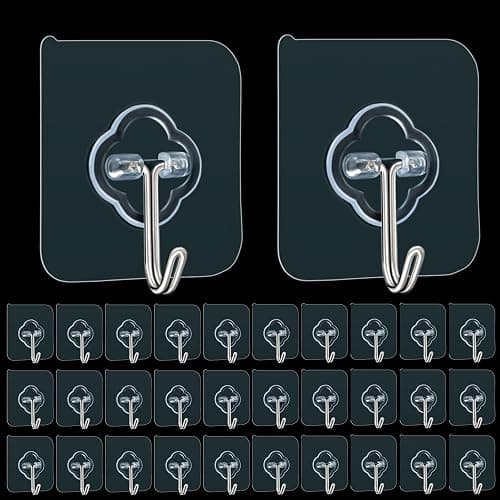 Adhesive Hooks, 32 Pack 33lb(Max) Sticky Hooks, Transparent Reusable Removable Adhesive Hooks for Hanging, Wall Hooks for Hanging Can be Use for Kitchen Bathroom Shower Outdoor Home Improvement - Image 1