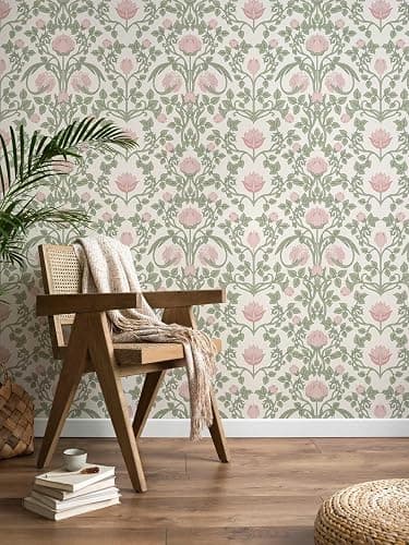 YXTII Peel and Stick Wallpaper Pink Floral Damask Wallpaper for Bedroom Decorative Self Adhesive Shelf Drawer Liner - Image 1