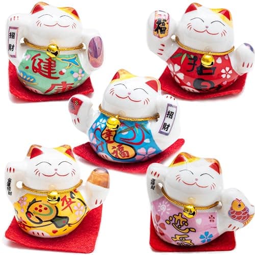 HANTHES Lucky Cat Figurines Set of 5 Mini Maneki Neko Small Cat Figurines 2 Inch Ceramic Beckoning Cat Statues Japanese Fortune Cat Decor for Home Desk Shelf Collection Gift with PVC Box - Image 1