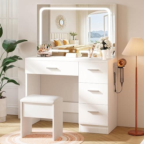 LIVELYGLOW Makeup Vanity Desk with Charging Station & LED Mirror – 35.4" Vanity Set with 4 Drawers, Hair Dryer Rack, & 3 Lighting Modes – Modern Bedroom Furniture (15.7" D x 35.4" W x 53.9" H), White - Image 1