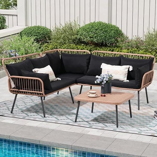 Verano Garden 4-Piece Patio Furniture Set, Outdoor Wicker Sectional Couch with Cushions and Square Coffee Table, Rattan Outdoor Conversation Sofa Set, Patio Conversation Set for Porch,Backyard(Black) - 4PCS Sofa Set - Black - Image 1