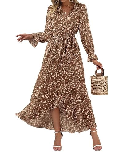 BTFBM Womens Dresses Fall Clothes 2025 V Neck Floral High Waist Ruffle Wedding Guest Cocktail Boho Long Sleeve Dress - Image 1