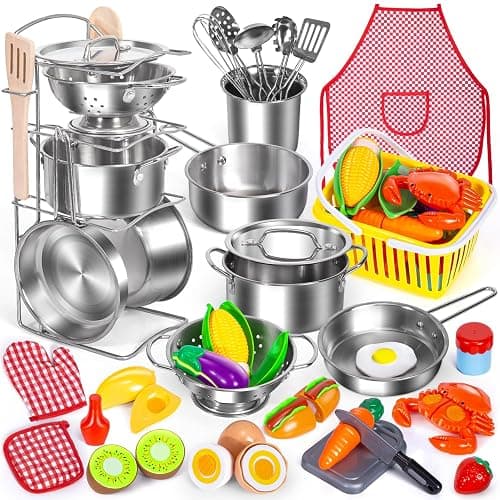 Kids Pretend Play Kitchen Toys Accessories Set, 32 Items Stainless Steel Toy Pots and Pans Sets w/ Rack Organizer, Metal Cooking Utensils & Apron, Play Food w/ Basket for Kids Girls Boys Toddlers - Image 1