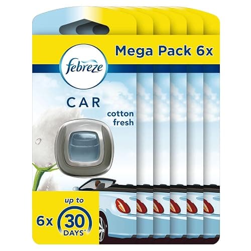 Febreze Désodorisant Voiture (2ml x6), Parfum Pureté de Coton, Combat les Odeurs Persistantes, Durée Jusqu'à 30 Jours par Diffuseur - Image 1